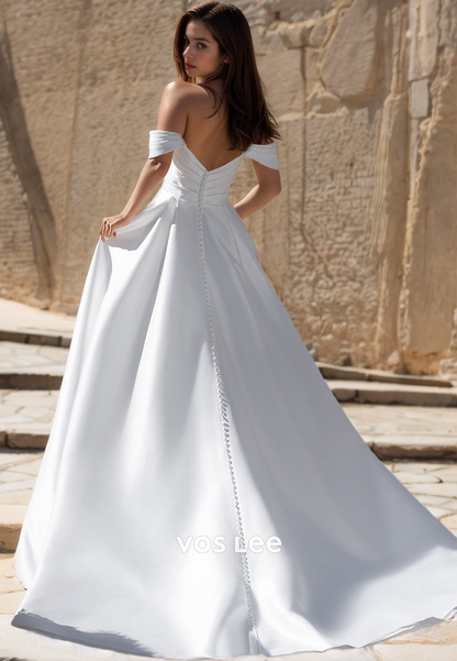 Elegant Off Shoulder A-Line Sleeveless Back Zipper High Split Ruched Satin Wedding Bride Dress