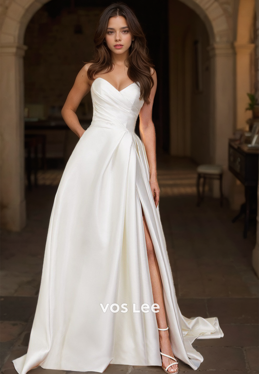 Simple V Neck Strapless A-Line Draped Zipper Sleeveless Side Split Satin Wedding Dress