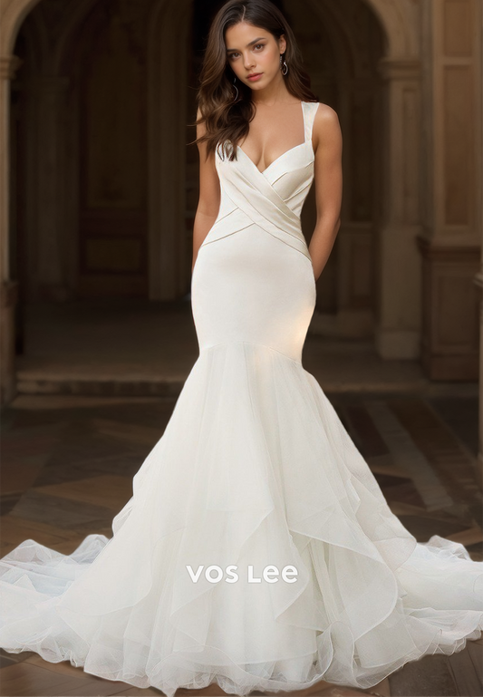 Gorgeous Sheath Spaghetti Straps Backless Mermaid Tulle V Neck Court Train Satin Wedding Gown