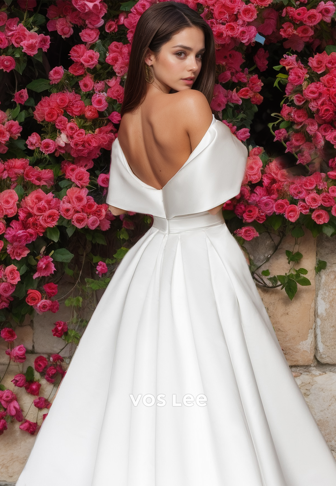 Ornate Off Shoulder A-Line Backless Pleated Court Train Sleeveless Satin Wedding Bride Gown