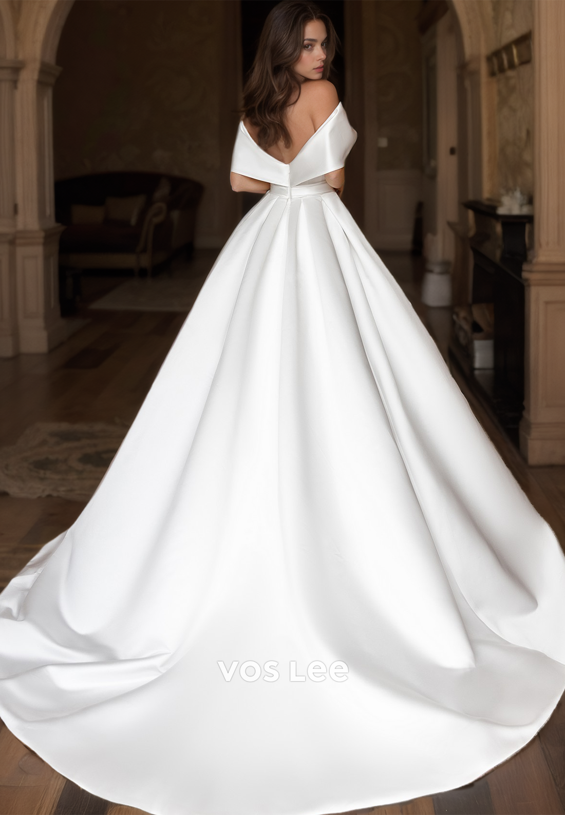 Ornate Off Shoulder A-Line Backless Pleated Court Train Sleeveless Satin Wedding Bride Gown