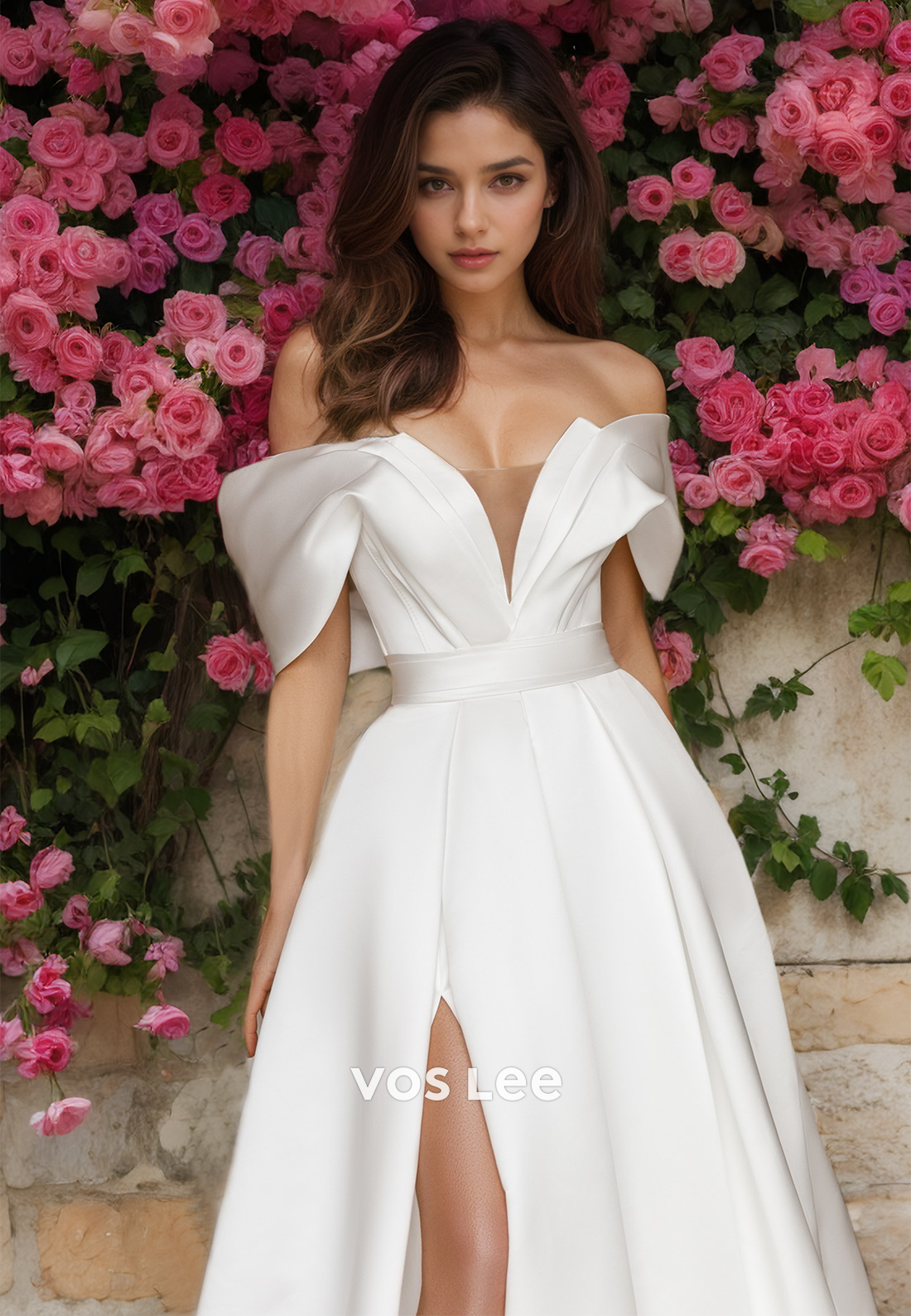 Ornate Off Shoulder A-Line Backless Pleated Court Train Sleeveless Satin Wedding Bride Gown