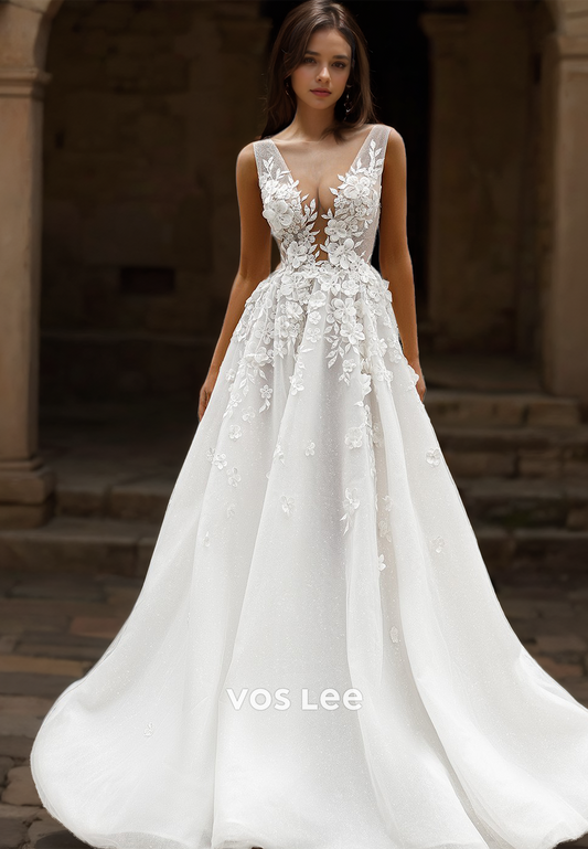 Sexy Plunging V Neck Illusion A-Line Sleeveless Zipper Lace Appliques Pleated Sequins Wedding Bride Dress