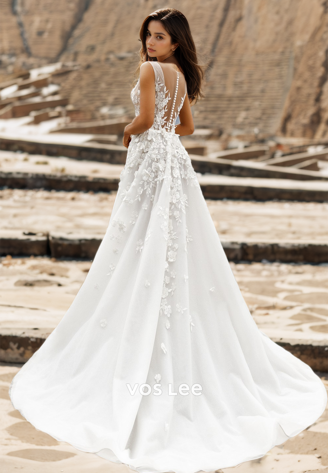 Sexy Plunging V Neck Illusion A-Line Sleeveless Zipper Lace Appliques Pleated Sequins Wedding Bride Dress