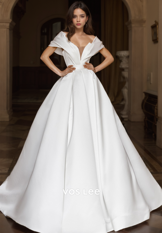 Ornate Off Shoulder A-Line Backless Pleated Court Train Sleeveless Satin Wedding Bride Gown