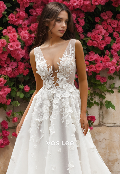 Sexy Plunging V Neck Illusion A-Line Sleeveless Zipper Lace Appliques Pleated Sequins Wedding Bride Dress