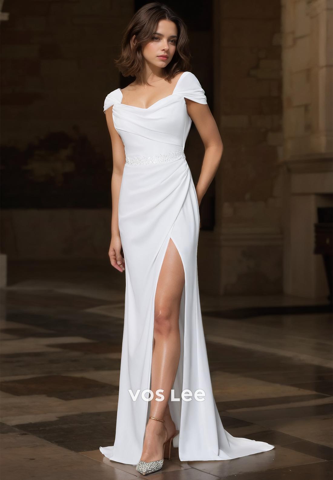 Unique Column Cap Sleeves Draped Side Split Backless V Neck Satin Sweep Train Wedding Dress