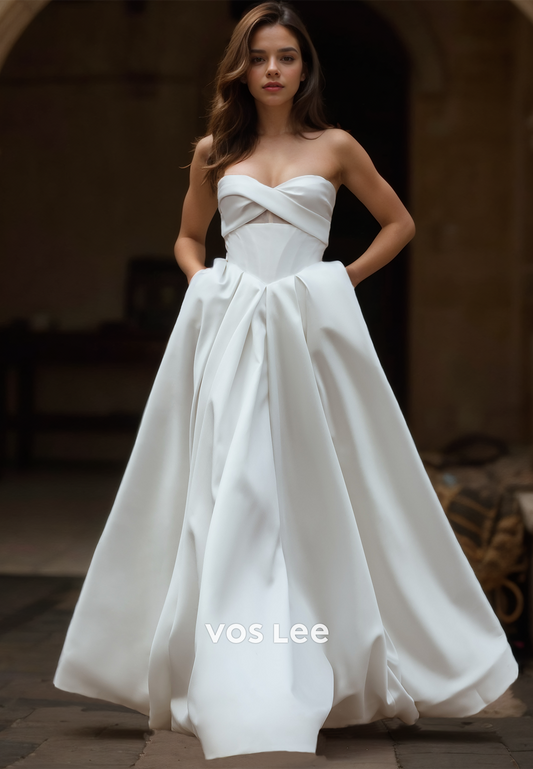 Elegant Sweetheart A-Line Back Zipper Pleated Sweep Train Sleeveless Satin Wedding Gown