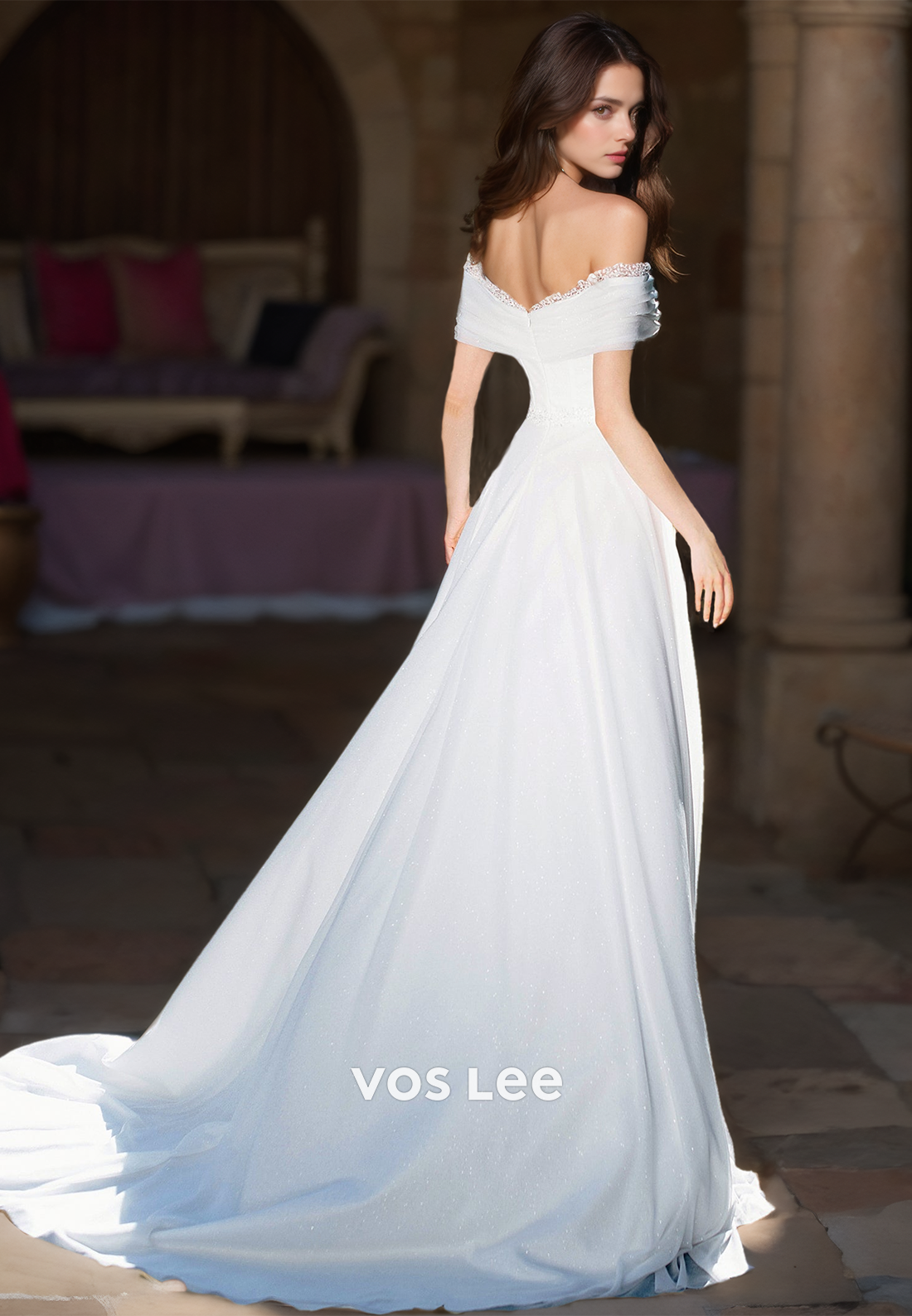 Charming A-Line Off Shoulder Sleeveless Sequins Sweep Train Zipper Satin Wedding Bride Gown