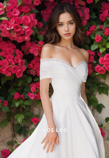 Charming A-Line Off Shoulder Sleeveless Sequins Sweep Train Zipper Satin Wedding Bride Gown