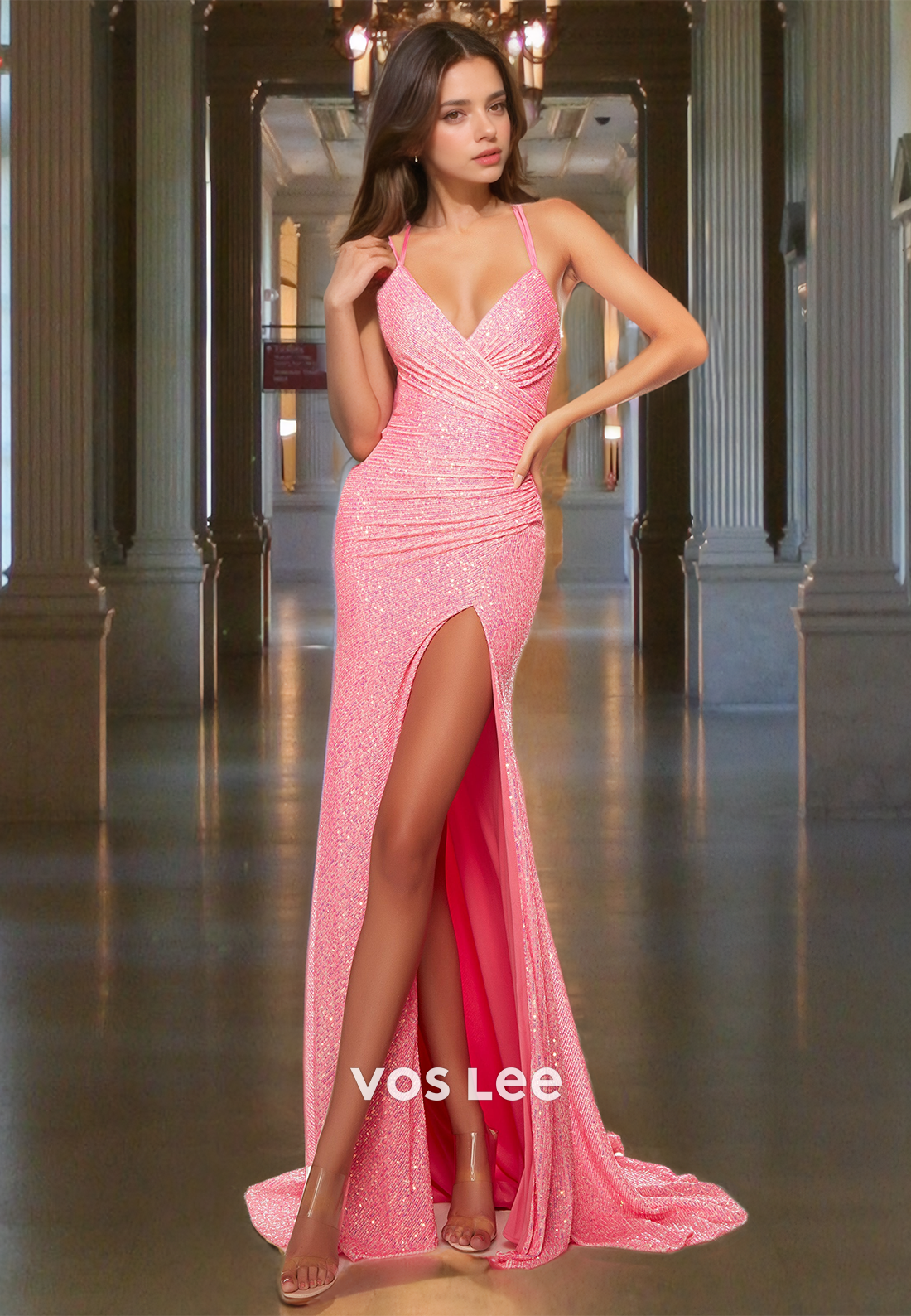 V Neck Baby Pink Sequined Straps Prom Dress Lace Up Floor Length Evening Sparkly Party Dresses