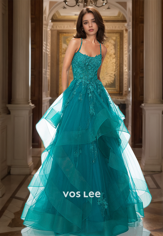 A-Line Floor Length Tulle Prom Dresses Spaghetti Straps Ruffled Appliqued Formal Party Dress