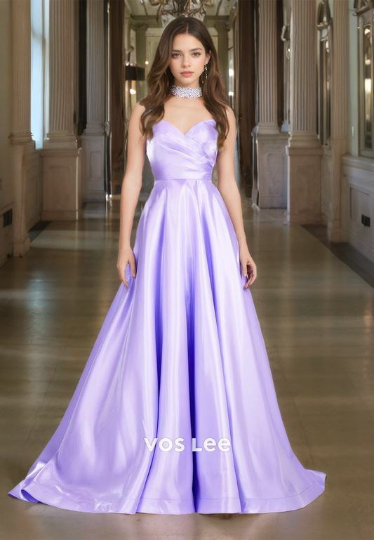 Graceful Satin Sweetheart Draped A-Line Prom Dress Strapless Floor Length Party Dresses