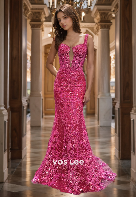 Luxurious Fuchsia Lace Mermaid Prom Dress Spaghetti Straps Floor Length Cocktail Dress