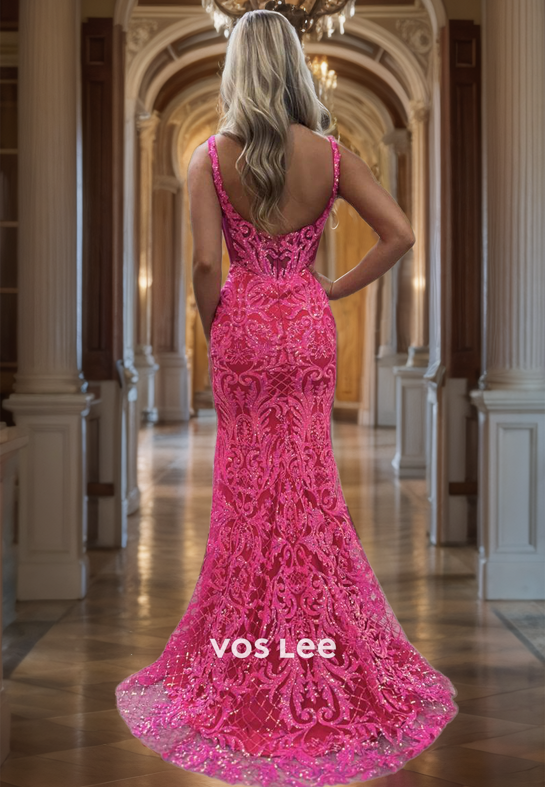 Luxurious Fuchsia Lace Mermaid Prom Dress Spaghetti Straps Floor Length Cocktail Dress