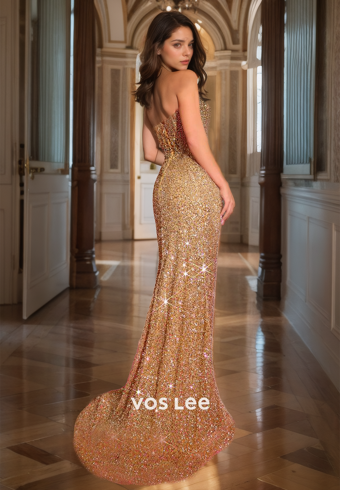 Strapless Sweetheart Gorgeous Gold Mermaid Party Dress Sparkly Sequined Cocktail Dress with Slit