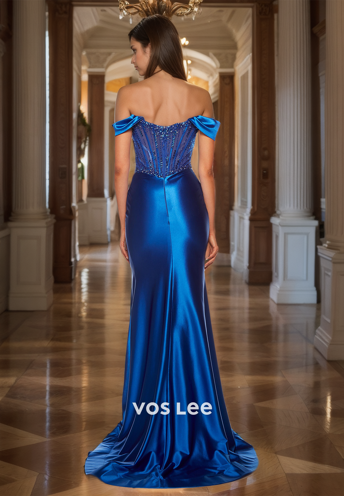 Mermaid Scoop Satin Royal Blue Party Dress Off-Shoulder Floor Length Satin Beads Prom Gown