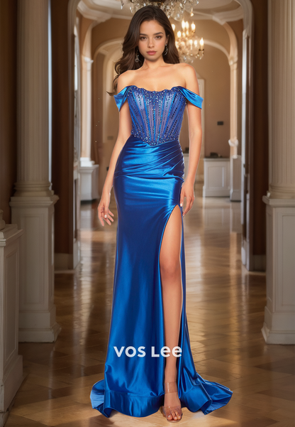 Mermaid Scoop Satin Royal Blue Party Dress Off-Shoulder Floor Length Satin Beads Prom Gown