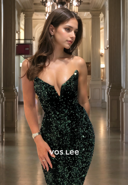 Mermaid V Neck Sparkly Sequined Prom Dresses Floor Length Strapless Dark Green Evening Party Gown