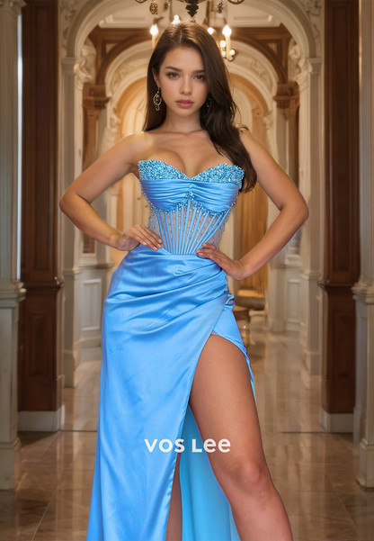 Sweetheart Sky Blue Satin Beads Prom Dress Beads Strapless High Slit Corset Back Party Dresses