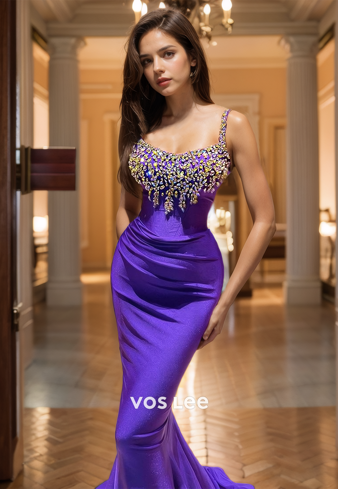 Graceful Scoop Mermaid Purple Beads Quinceanera Dress Spaghetti Straps Satin Prom Dress