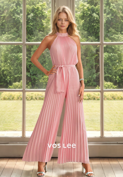 Unique Jumpsuits Halter Sleevesless Pleated Mother of the Bride Dress