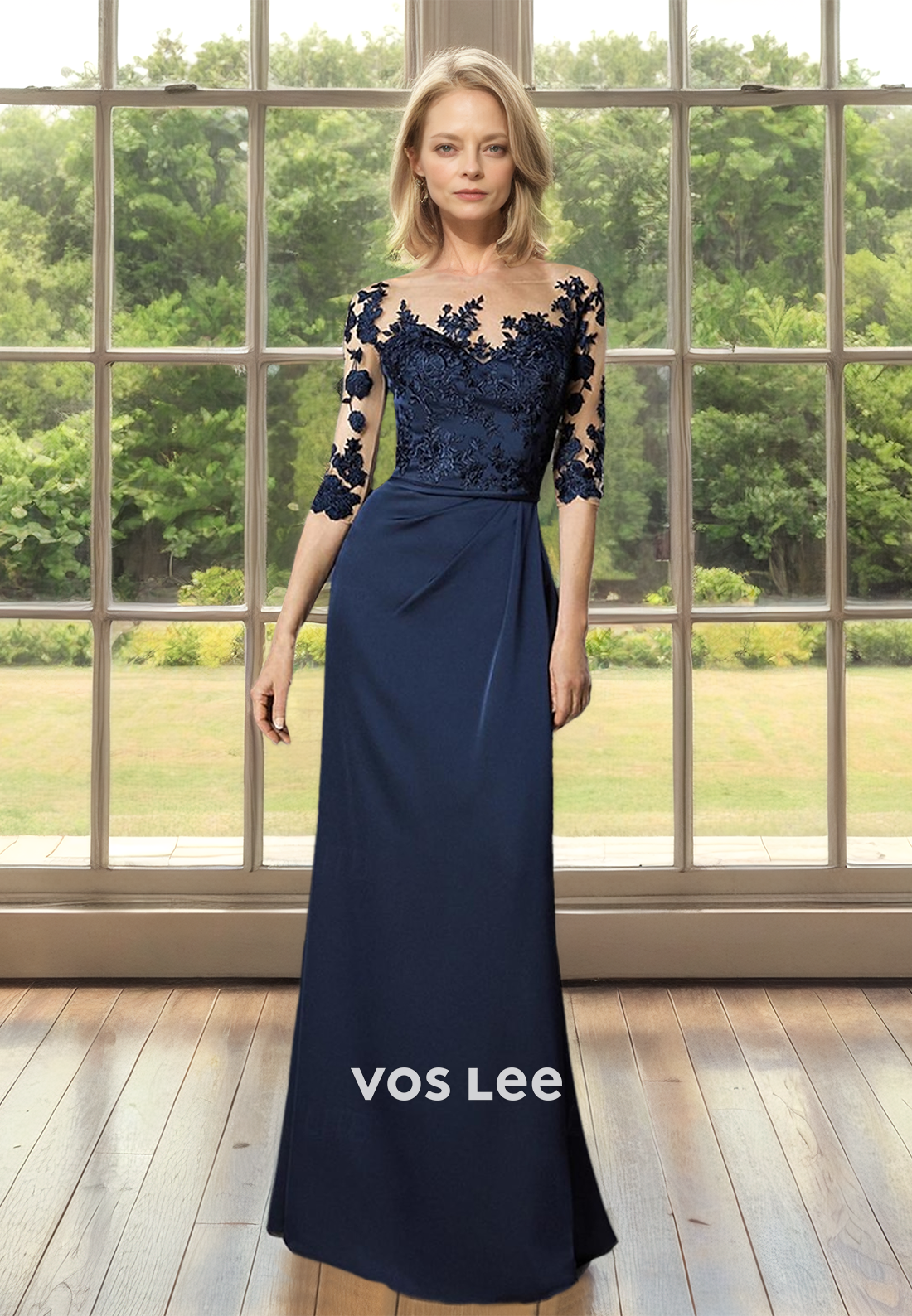 Ornate Sheath Bateau Illusion Lace Appliques Draped Mother of the Bride Dress