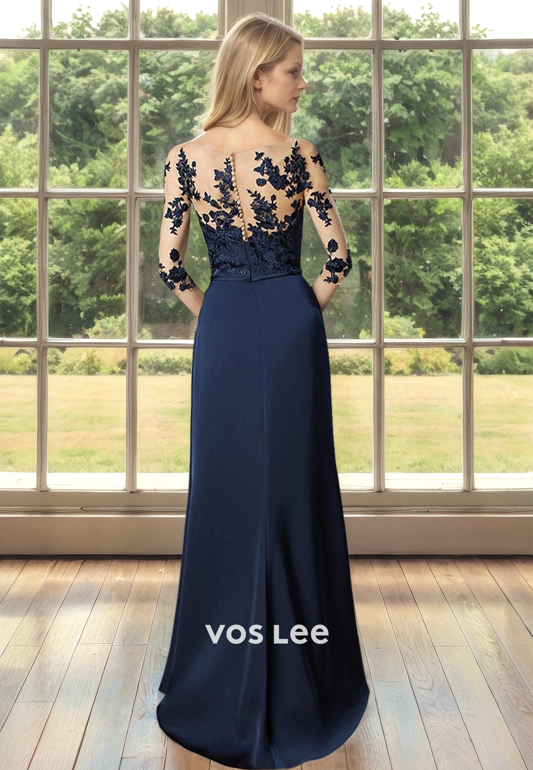 Ornate Sheath Bateau Illusion Lace Appliques Draped Mother of the Bride Dress