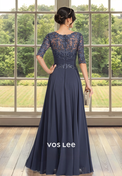 Charming A-Line Bateau Lace Appliques Pleated Mother of the Bride Dress