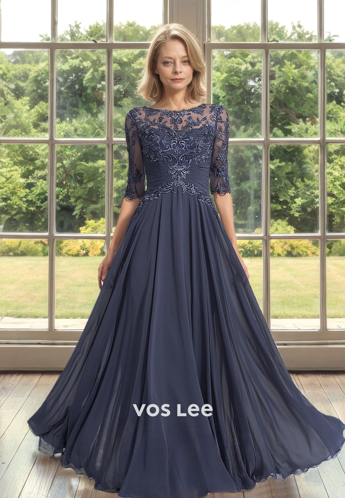 Charming A-Line Bateau Lace Appliques Pleated Mother of the Bride Dress