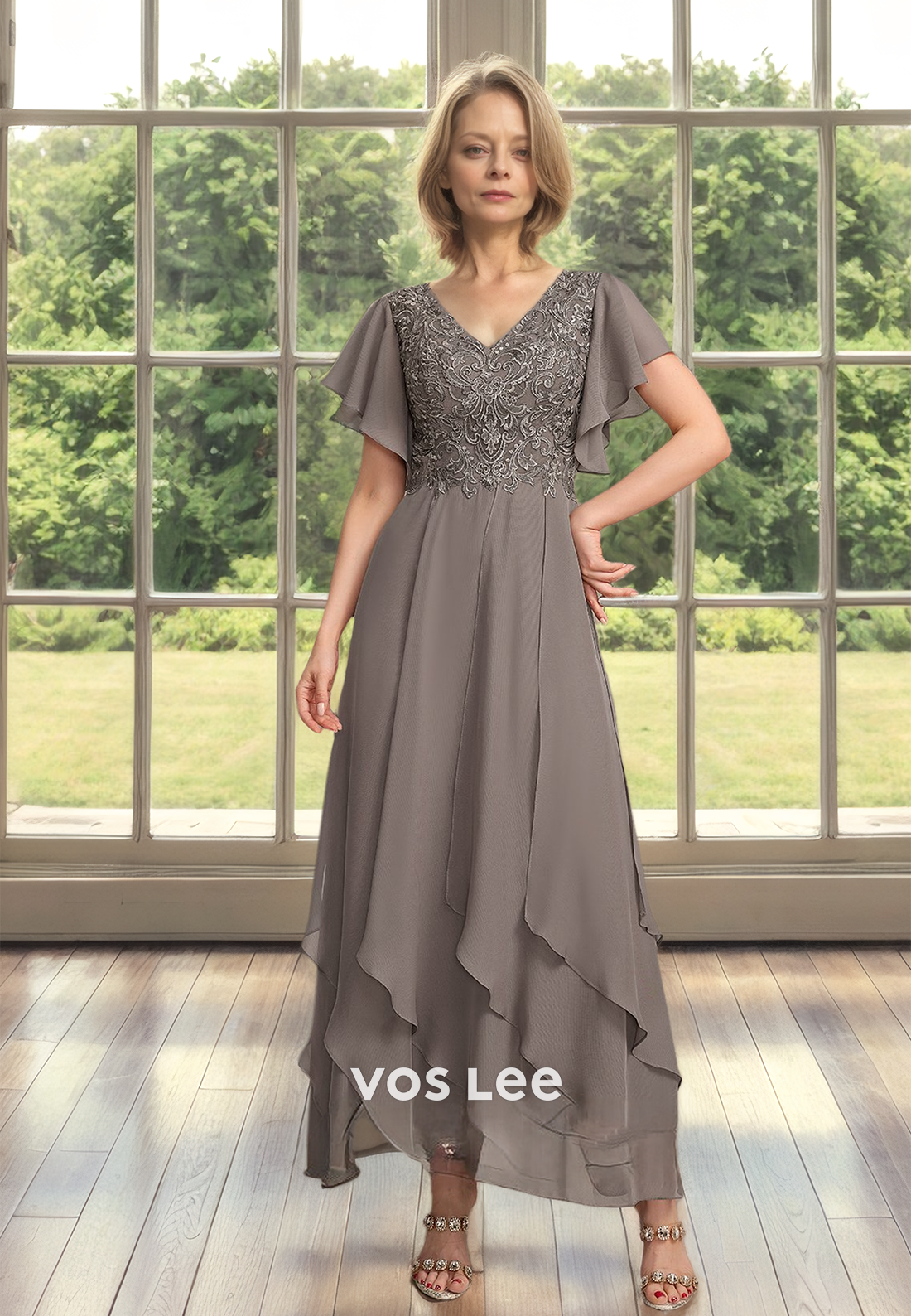 Modest A-Line V Neck Lace Appliques Tea Length Mother of the Bride Foemal Dress