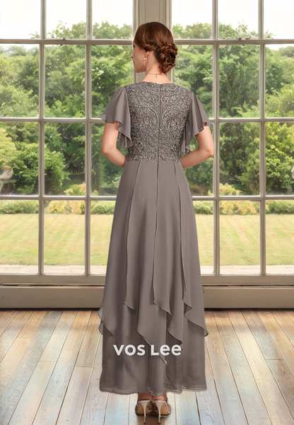 Modest A-Line V Neck Lace Appliques Tea Length Mother of the Bride Foemal Dress