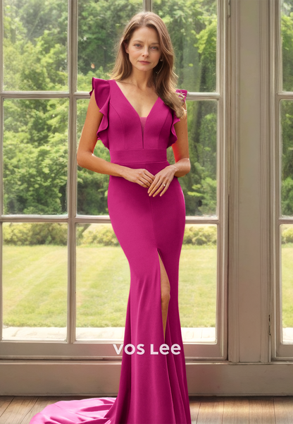 Charming V Neck Cap Sleeves Sheath Backless Side Split Mother of the Bride Evening Dress