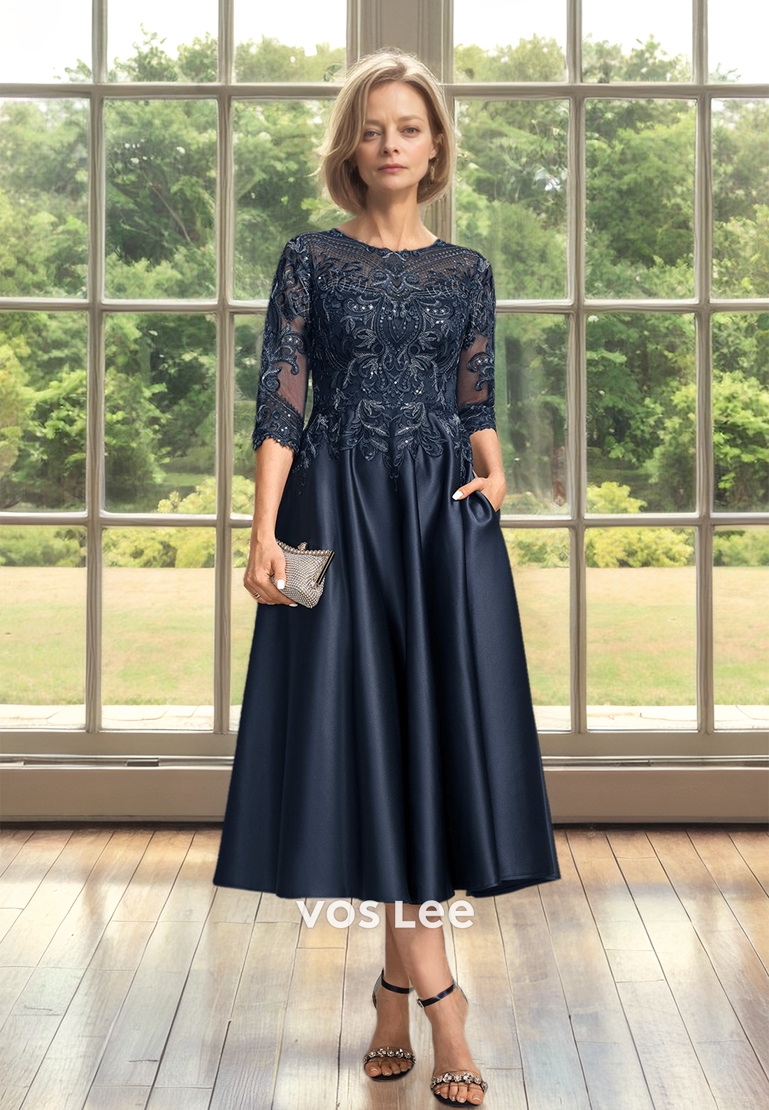 Charming A-Line Bateau Sequins Lace Appliques Pleated Mother of the Formal Bride Dress