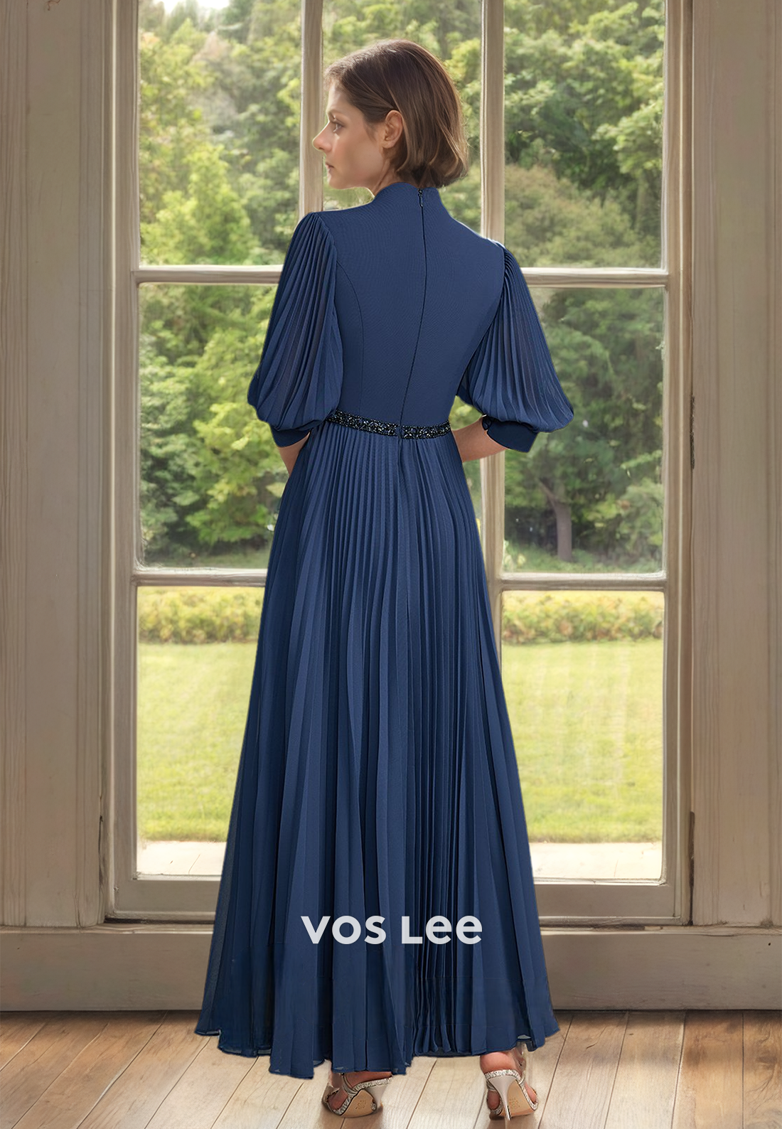 Unique Square A-Line Half Sleeves Pleated Long Mother of the Bride Dress