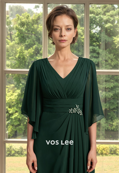 Simple A-Line V Neck Half Sleeves Beaded Draped Mother of the Bride Dress