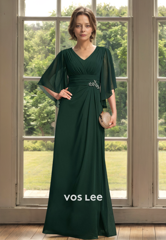 Simple A-Line V Neck Half Sleeves Beaded Draped Mother of the Bride Dress