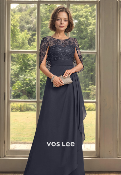 Charming A-Line Lace Appliques Bateau Illusion Ruched Satin Mother of the Bride Dress