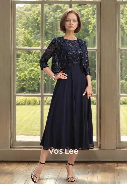 Elegant A-Line Tea Length Bateau Pleated Lace Appliques Mother of the Bride Dress