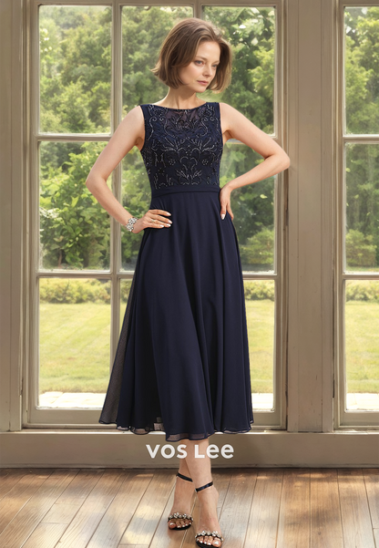 Elegant A-Line Tea Length Bateau Pleated Lace Appliques Mother of the Bride Dress