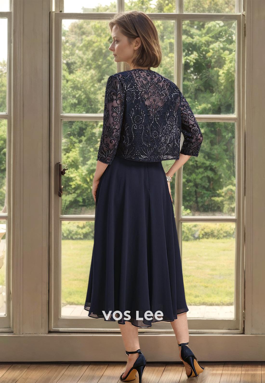 Elegant A-Line Tea Length Bateau Pleated Lace Appliques Mother of the Bride Dress