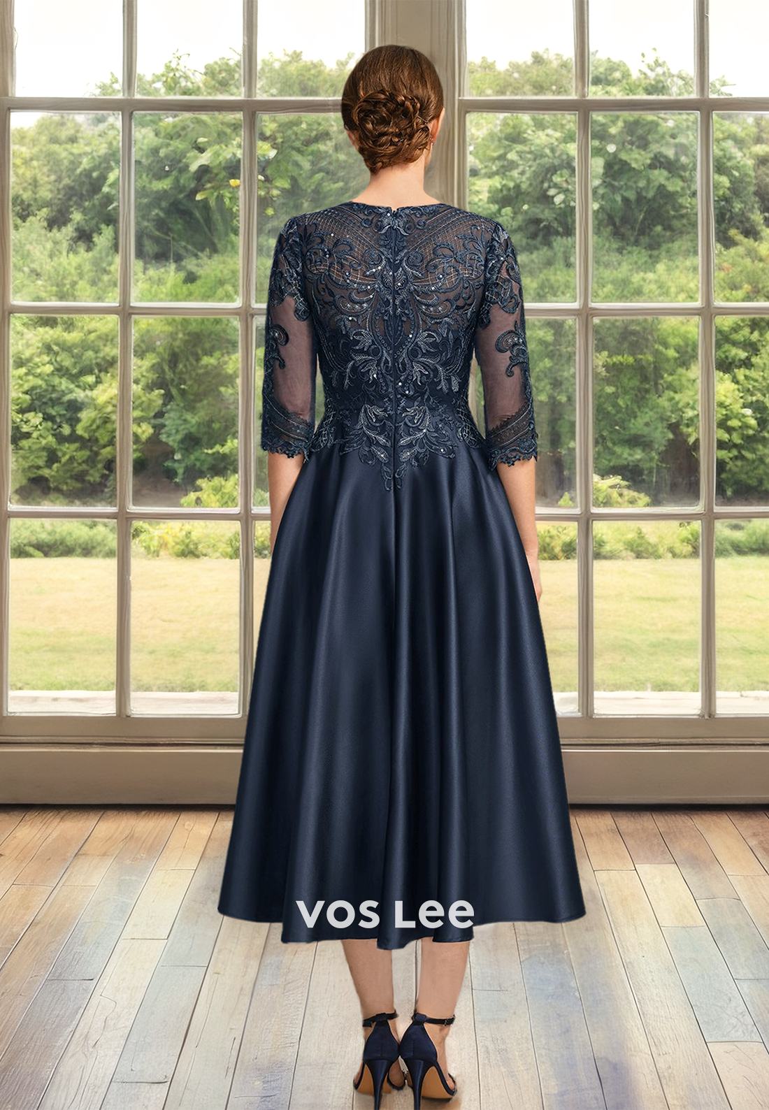 Charming A-Line Bateau Sequins Lace Appliques Pleated Mother of the Formal Bride Dress