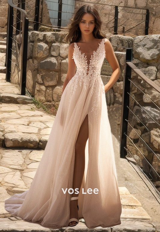 Graceful Deep V Neck A-Line Lace Appliques High Split Backless Tulle Wedding Bridre Dress