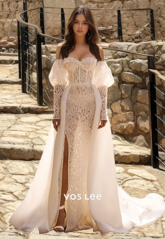 Unique Column Off Shoulder Puff Sleeves Lace Appliques Side Split Pleated Wedding Dress