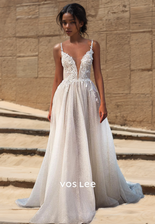 Graceful Spaghetti Straps A-Line V Neck Backless Sequins Lace Appliques Tulle Wedding Gown