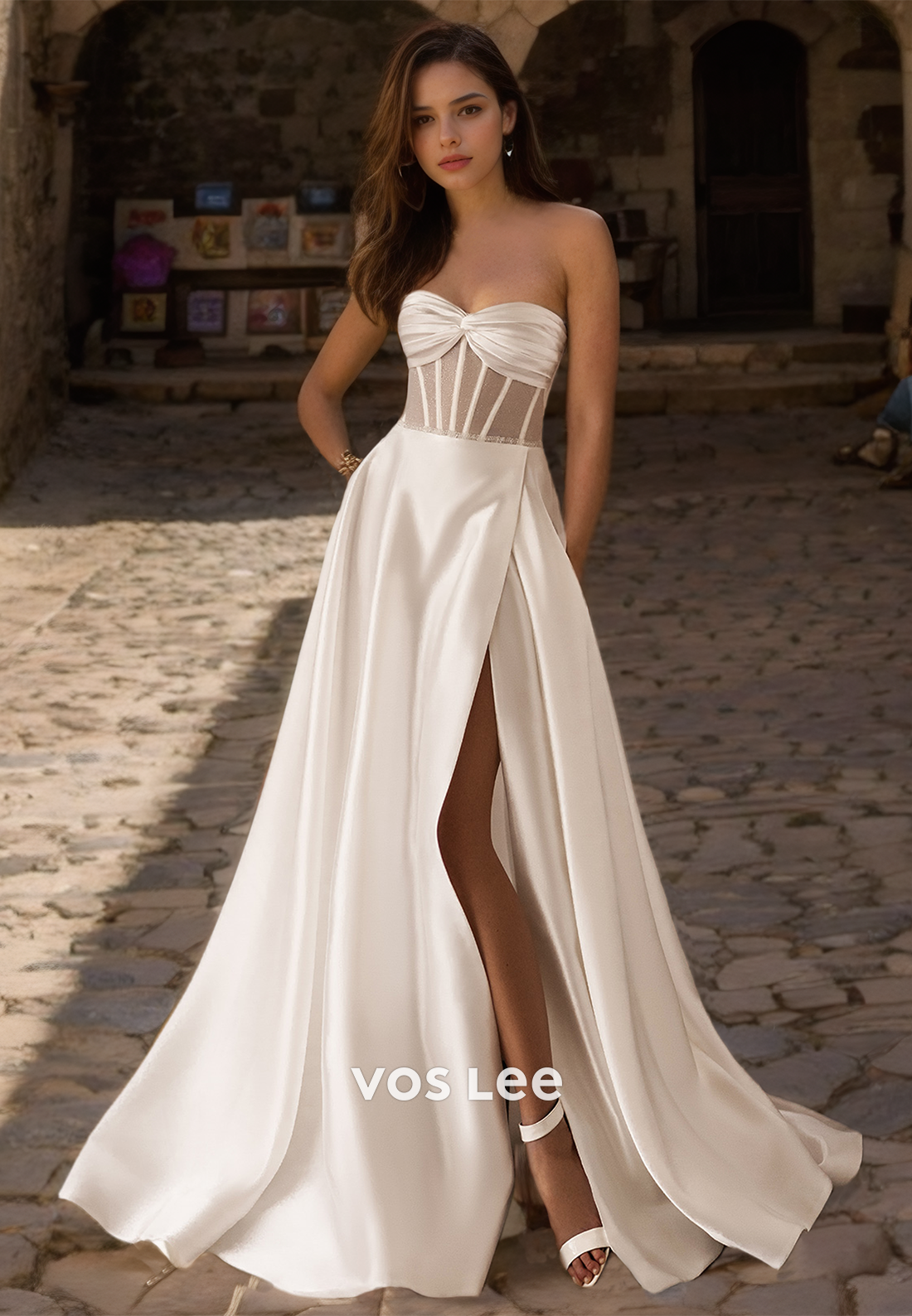 Modest Sweetheart Back Zipper A-Line Draped SIde Split Court Train Satin Wedding Gown