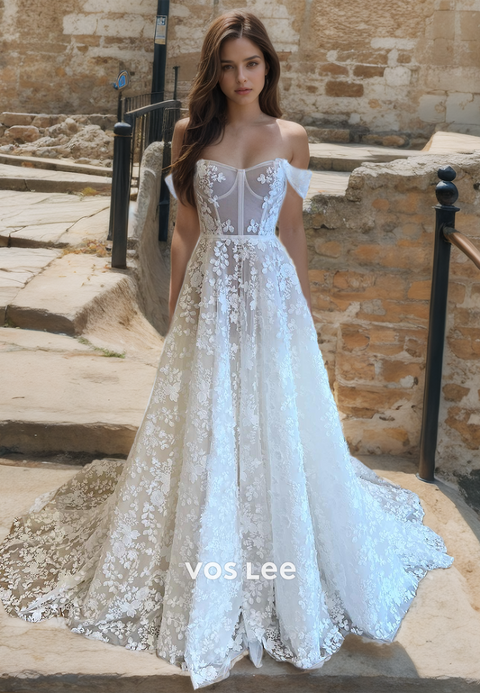 Goegeous Off Shoulder A-Line Back Zipper Lace Appliques Court Train Wedding Bride Dress