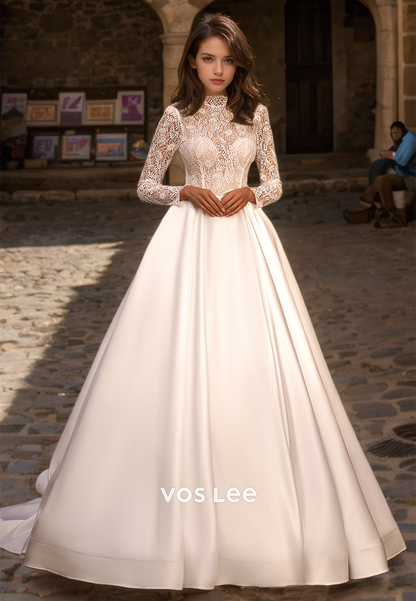 Luxury High Neck Long Sleeves Zipper Lace Appliques Illusion Pleated Satin Wedding Gown