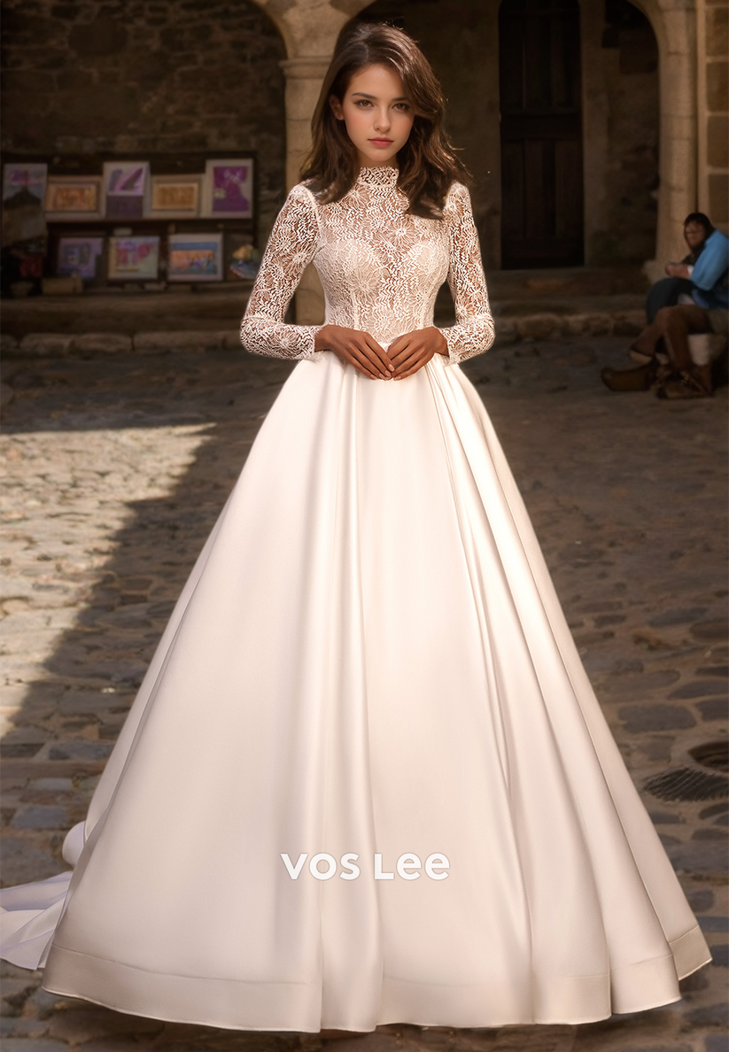 Exquisite Appliques Beaded Lace Vintage A-Line Wedding Dress Luxury High Neck Long Sleeve Court Train