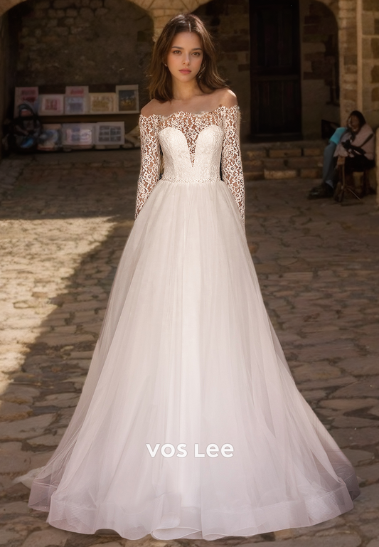 Ornate Off Shoulder Long Sleeves A-Line Lace Appliques Tulle Pleated Wedding Gown